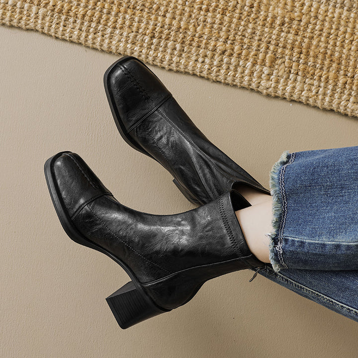 Women's Stretch Leather Sock Boots Fall Winter Square Toe Chunky High Heel Boots