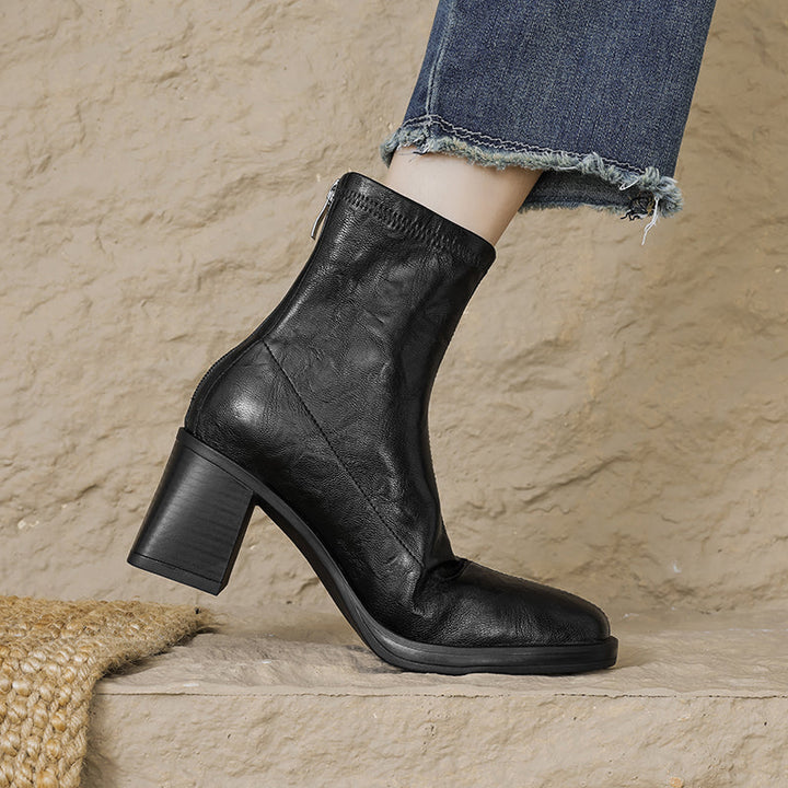 Women's Stretch Leather Sock Ankle Boots Square Toe Block High Heel Sock Booties Zipper