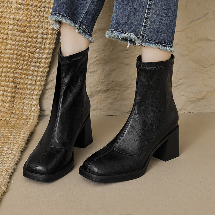 Women's Stretch Leather Sock Ankle Boots Square Toe Block High Heel Sock Booties Zipper