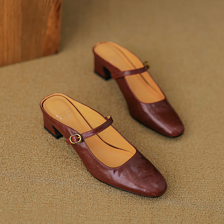 Handmade Sheepskin Mary Jane Mules - Women's Leather Block Heel Closed Toe Slides
