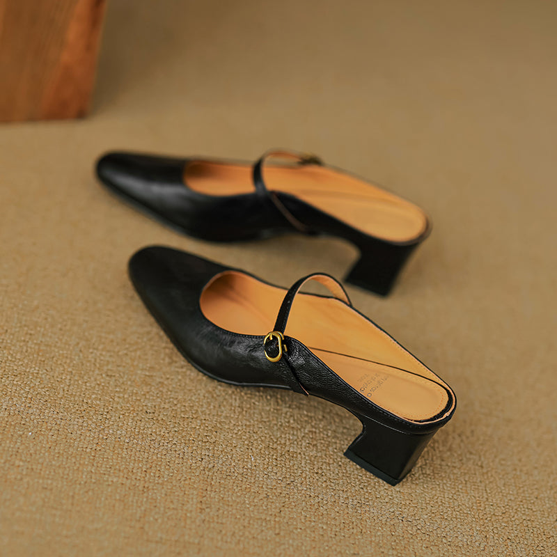 Handmade Sheepskin Mary Jane Mules - Women's Leather Block Heel Closed Toe Slides