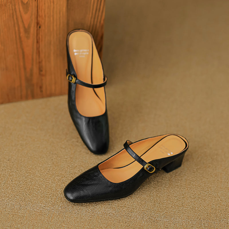 Handmade Sheepskin Mary Jane Mules - Women's Leather Block Heel Closed Toe Slides