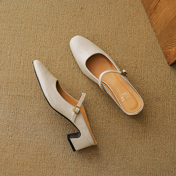 Handmade Sheepskin Mary Jane Mules - Women's Leather Block Heel Closed Toe Slides