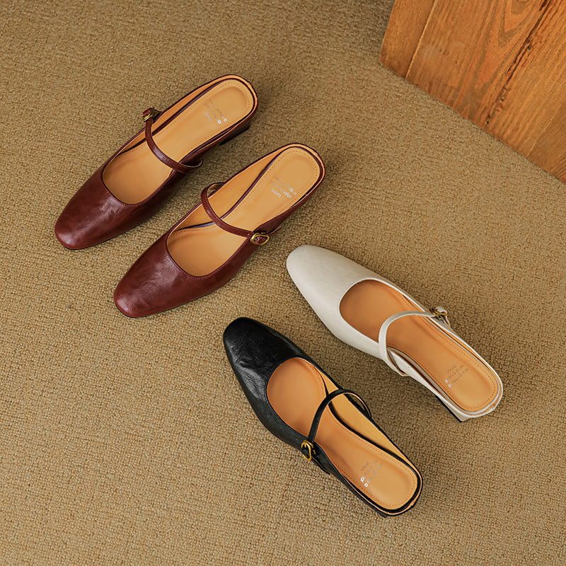Handmade Sheepskin Mary Jane Mules - Women's Leather Block Heel Closed Toe Slides