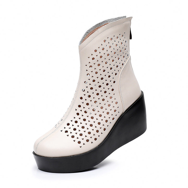 Women‘s Retro Cowhide Ankle Boots Vintage Round Toe Cutout Perforated Wedge Platform High Heels