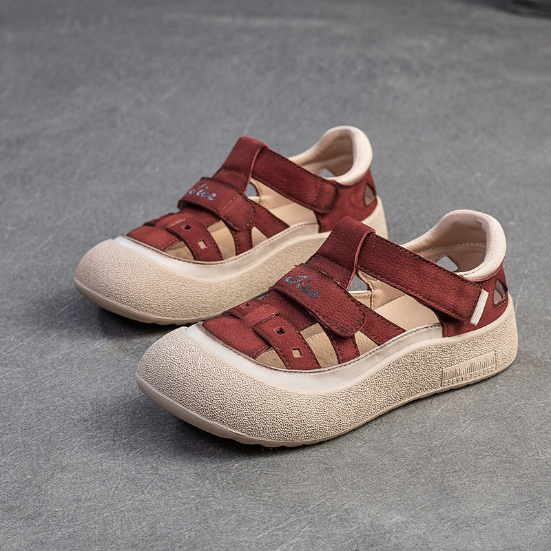 Women's Retro Woven Fisherman Sandals Vintage Leather Velcro Platform Shoes