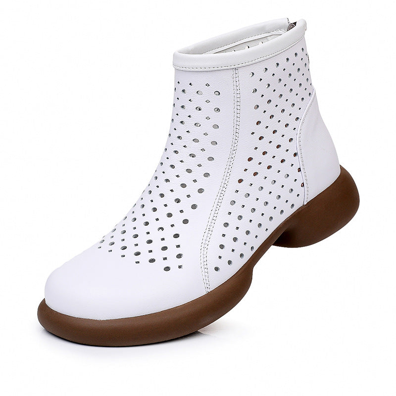 Women‘s Retro Cowhide Ankle Boots Vintage Round Toe Cutout Perforated Chunky Heels