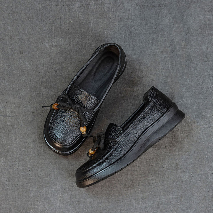 Women's Genuine Leather Loafers Beaded Knot Round Toe Slip On Platform Shoes