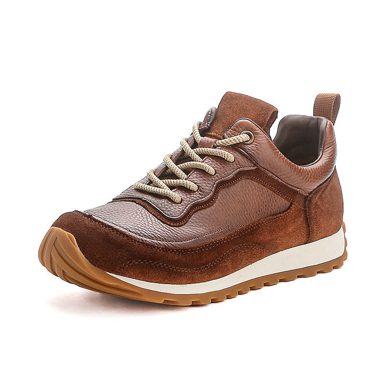Women's Vintage-Style Mixed Texture Leather Runners - Breathable Cowhide Walking Shoes