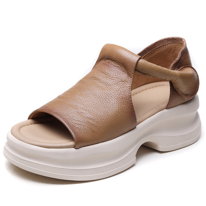 Open-toe Lightweight Leather Chunky Sandals for Women - Platform Summer Slides with Velcro Strap