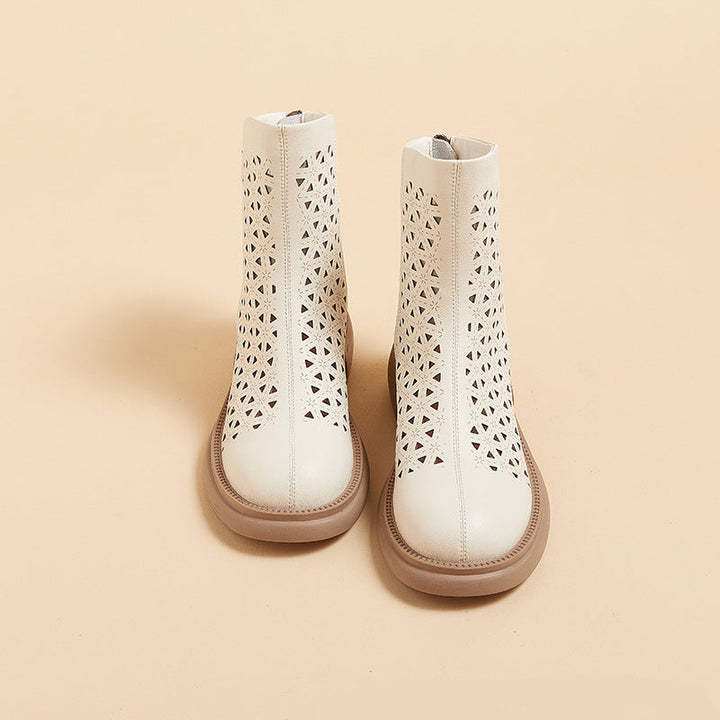 Women‘s Retro Ankle Summer Sandals Boots Vintage Round Toe Cutout Perforated Chunky Heels
