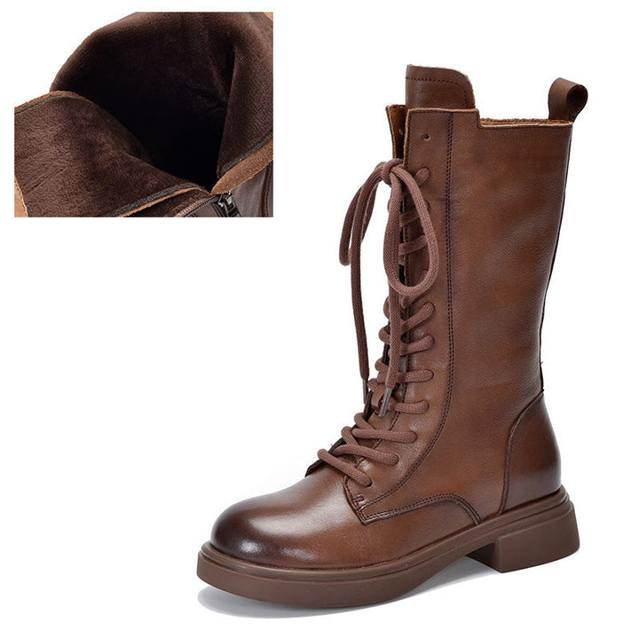 Women's Mid Calf Combat Boots Top-Grain Leather Lace Up Side Zipper Platform Booties