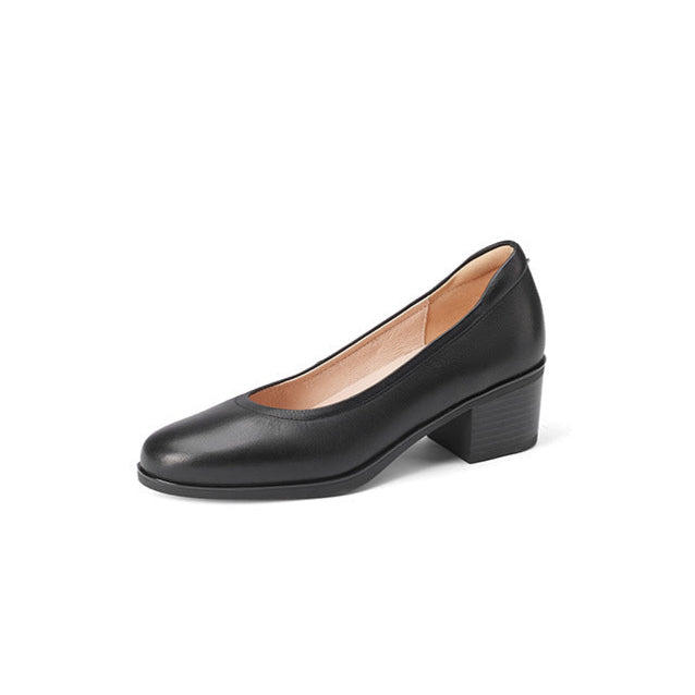 Women's Black Leather Pumps - Low Heel for Office & Business