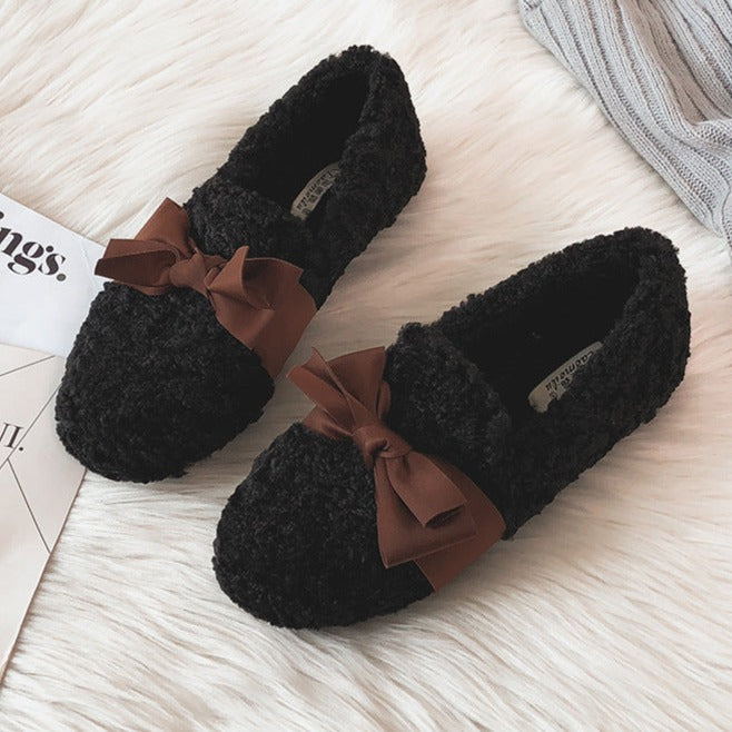 Women Bow Winter Warm & Soft Plush Fur Loafers Shoes