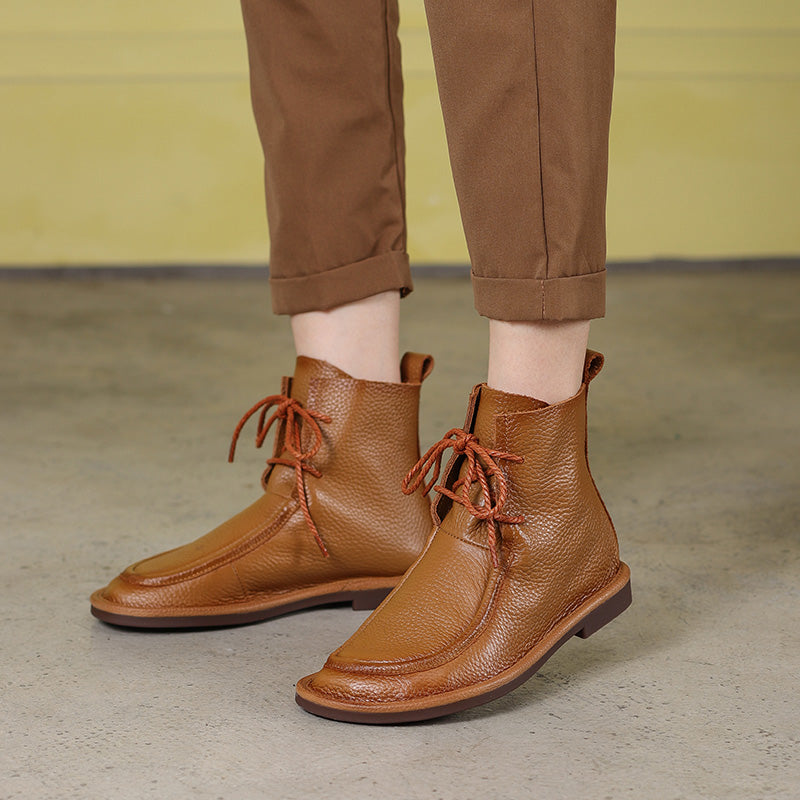 Women's Handmade Vintage Soft Leather Flat Lace-Up Ankle Boots Comfort Fit