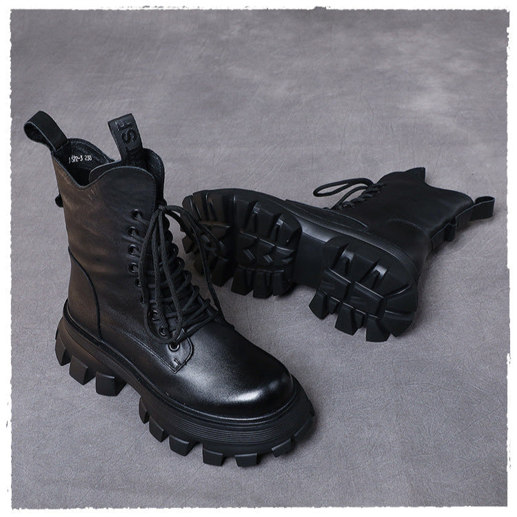Women's Chunky Sole Combat Boots – Genuine Leather Lace-Up Ankle Boots