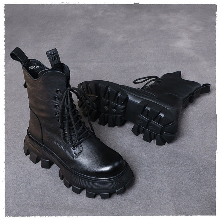 Women's Chunky Sole Combat Boots – Genuine Leather Lace-Up Ankle Boots