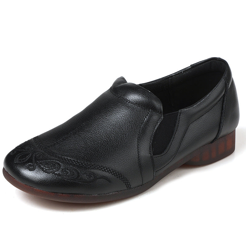 Women's Cowhide Vintage Embroidered Flat Loafers Slip On Walking Shoes