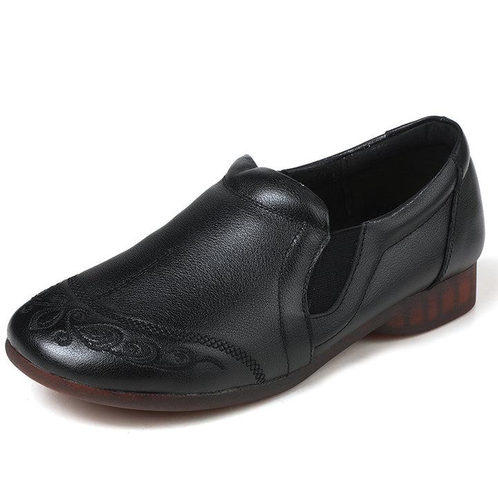 Women's Cowhide Vintage Embroidered Flat Loafers Slip On Walking Shoes