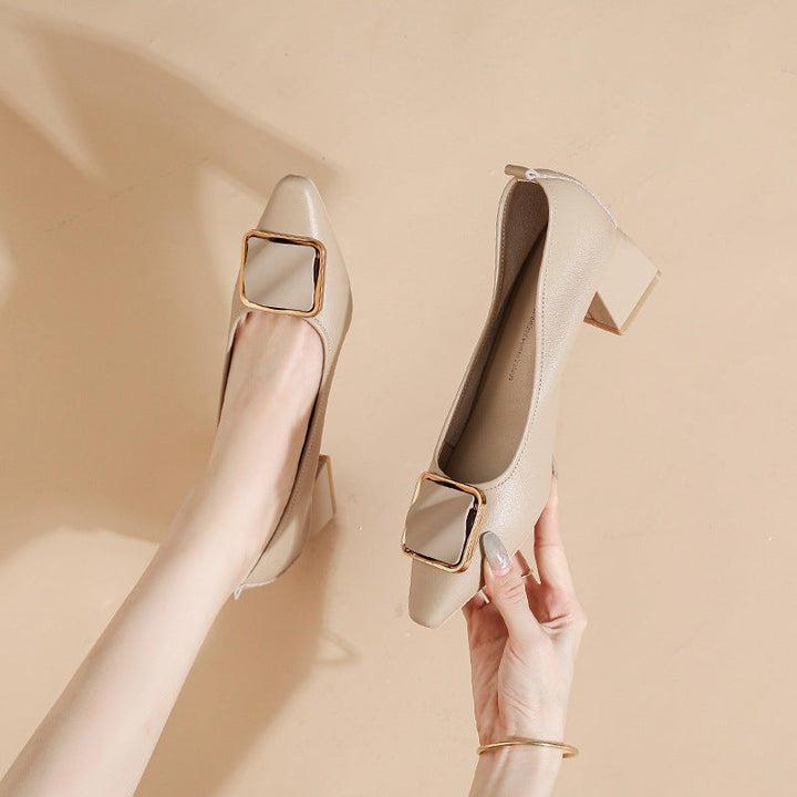 Women's Leather Pointed Toe Mid Heel Stylish Pump