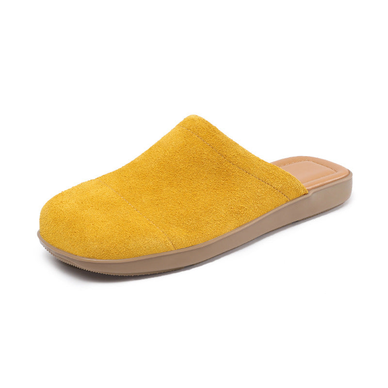 Women's Minimalist Nubuck Mules - Round-Toe Flat with Slip-On Ease