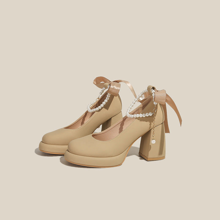 Women's Platform Pump - Block High Heel with Bow & Pearl Details