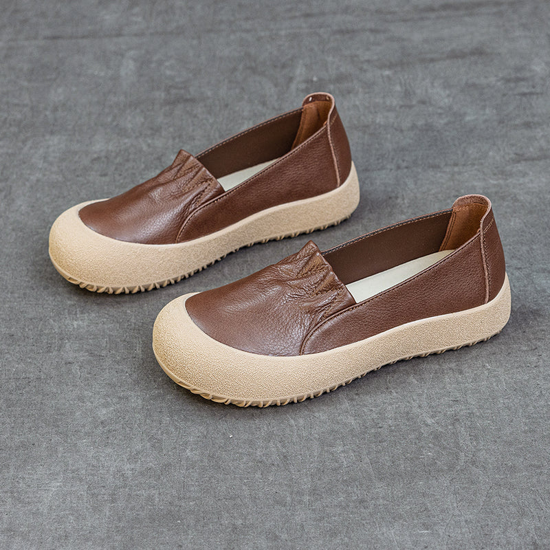 Womens Casual Leather Slip-on Loafers Closed Toe Platform Walking Shoes Anti-Collision
