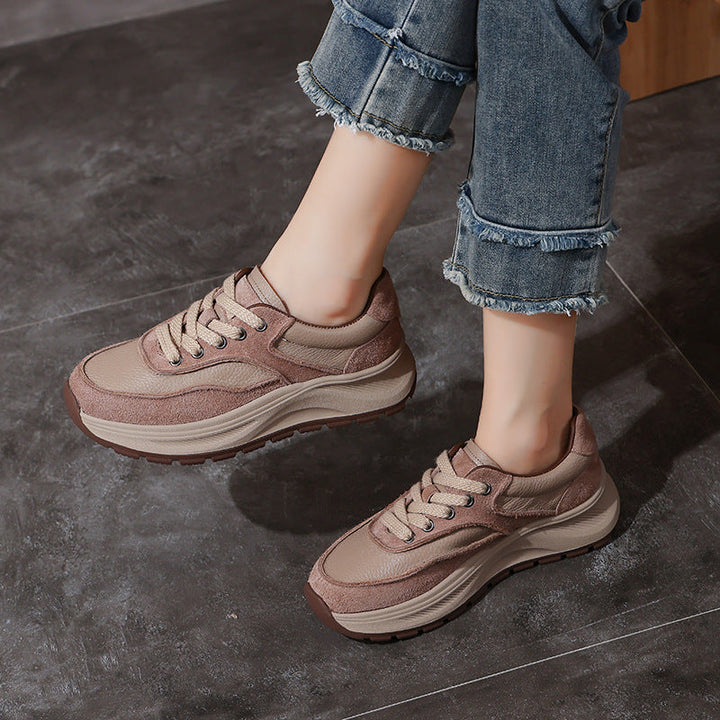 Women's Non-Slip Leather Platform Sneakers – Retro Chunky Sole Design