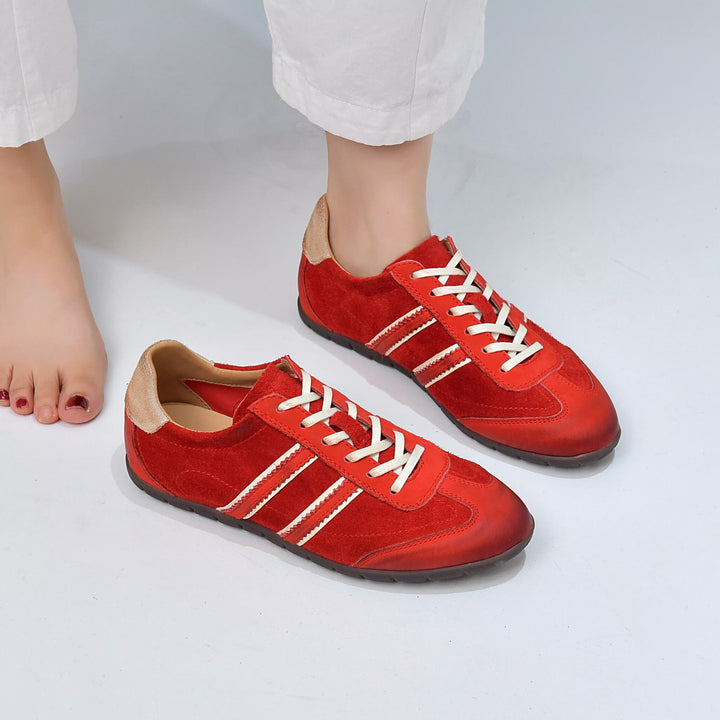 Women's Genuine Leather Retro Sneakers Stripe Patchwork Flat Lace Up Casual Shoes