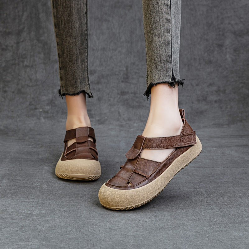 Womens Retro Woven Leather Fisherman Sandals Velcro Closed Toe Platform Walking Shoes