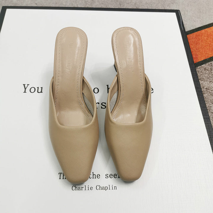Women's Leather Square Toe High Heeled Mule Shoes