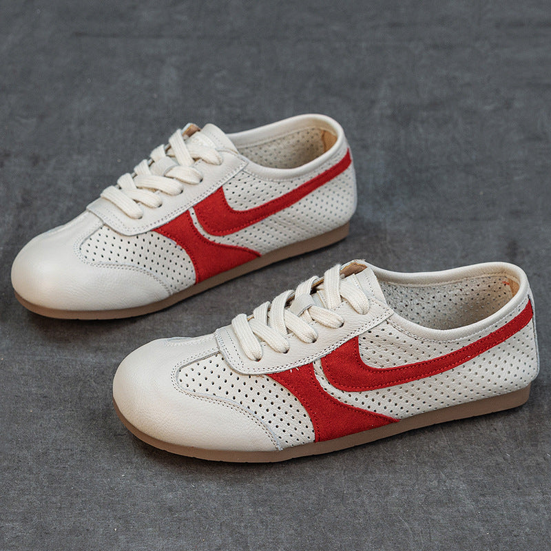 Women's Leather Perforated Sneakers Lace Up Breathable Flat Walking Shoes