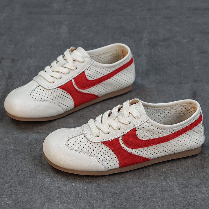 Women's Leather Perforated Sneakers Lace Up Breathable Flat Walking Shoes