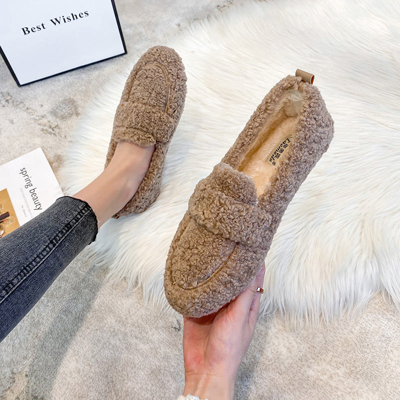 Women Cute Winter Warm Lamb Fur Flat Shoes Loafers