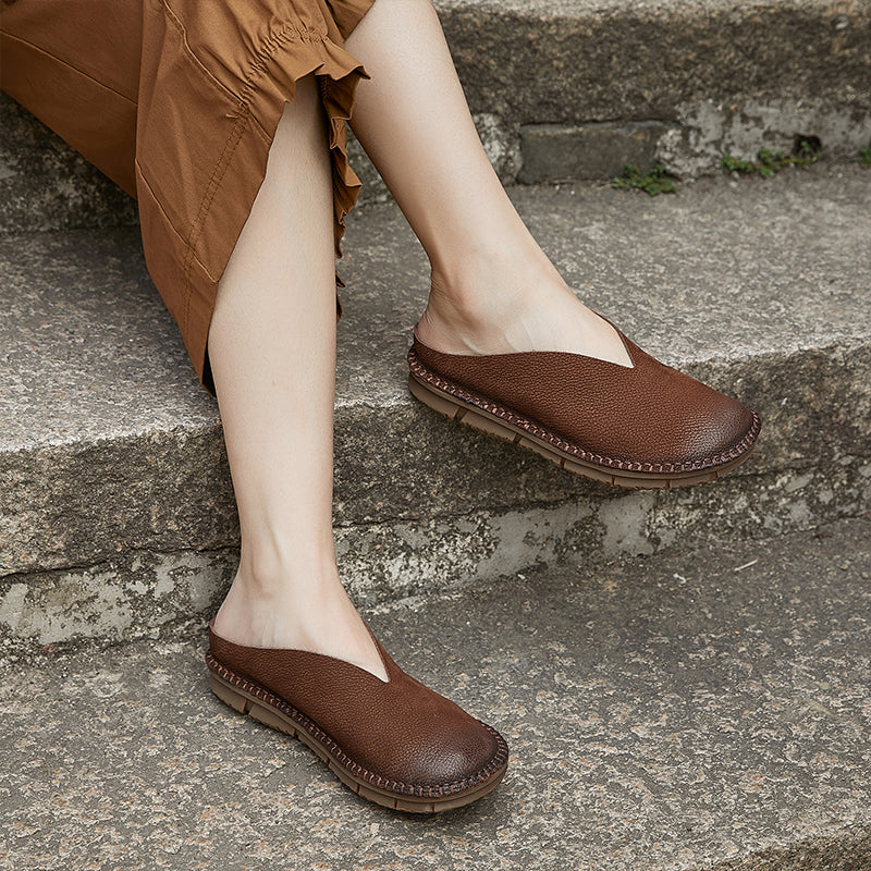 Women's V-Cut Soft Leather Flat Mules – Retro Minimalist Style
