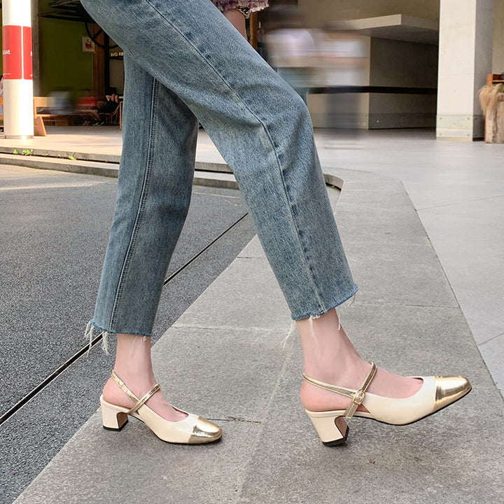 Women's Elegant French Patchwork Slip On Closed Toe Mid Heel Sandals