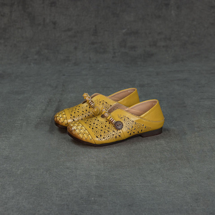 Women's Retro Cutout Leather Loafers Vintage Hollow-out Slip-on Flats