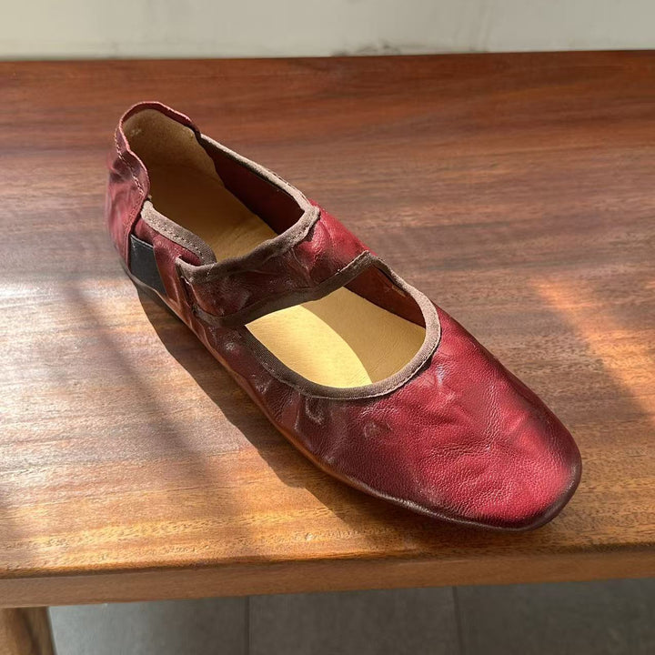 Women's Retro Lambskin Mary Jane Flats Vintage Square Toe Elastic Strap Ballet Shoes