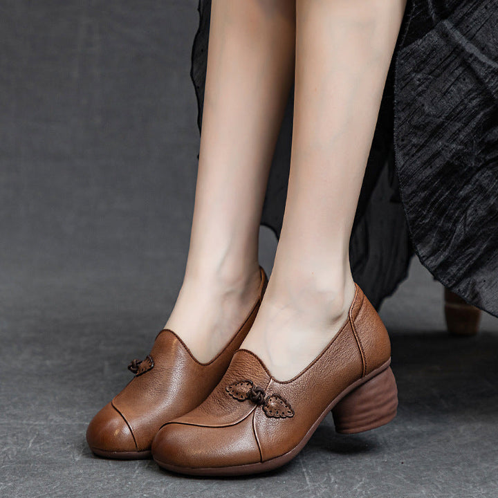 Women's Elegant Slip-On Mid Heels – Inspired by Chinese Frog Button Design
