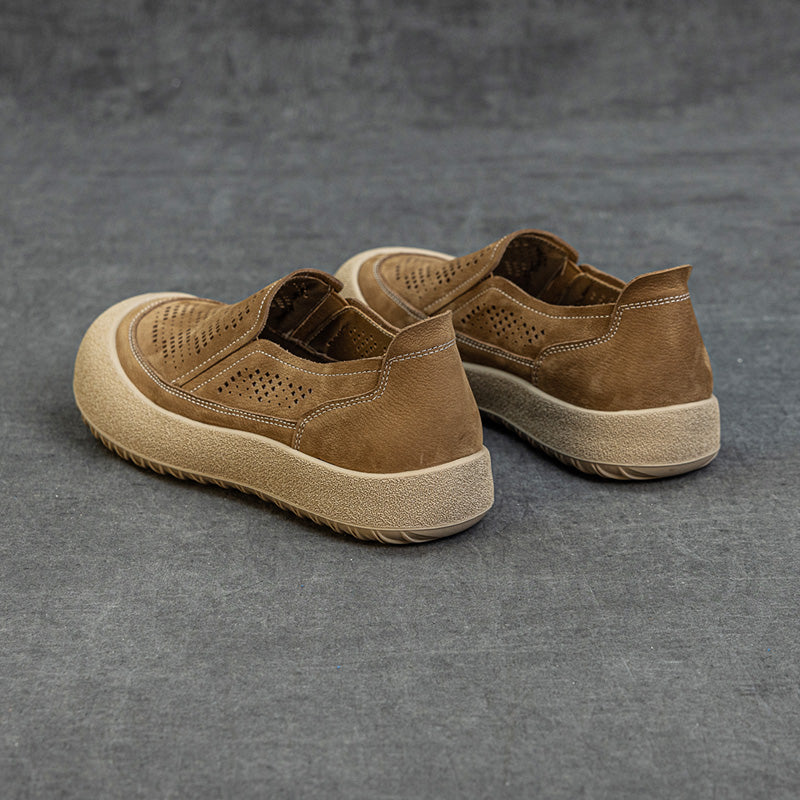 Womens Summer Perforated Leather Slip-on Loafers Breathable Platform Casual Walking Shoes