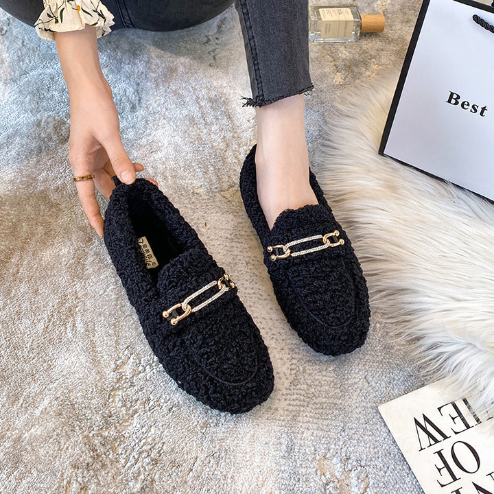 Women Faux-Fur Loafers Warm Winter Flat Metal Buckles Shoes
