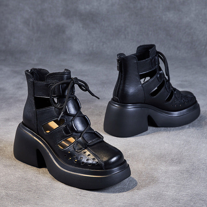 Breathable Leather Cut-out Sandals for Women - High Platform Gladiator Boots with Lace-up & Zipper