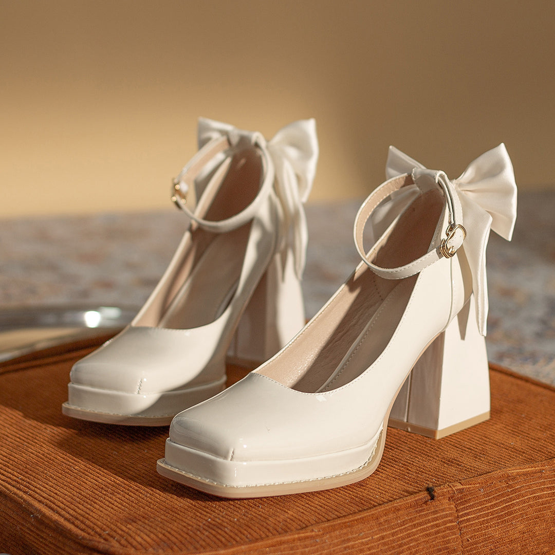 Wedding Shoes Square Toe Bow Accent Mary Jane Pumps