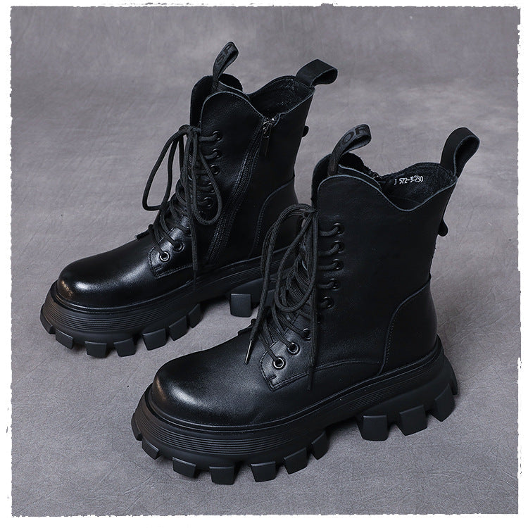 Women's Chunky Sole Combat Boots – Genuine Leather Lace-Up Ankle Boots