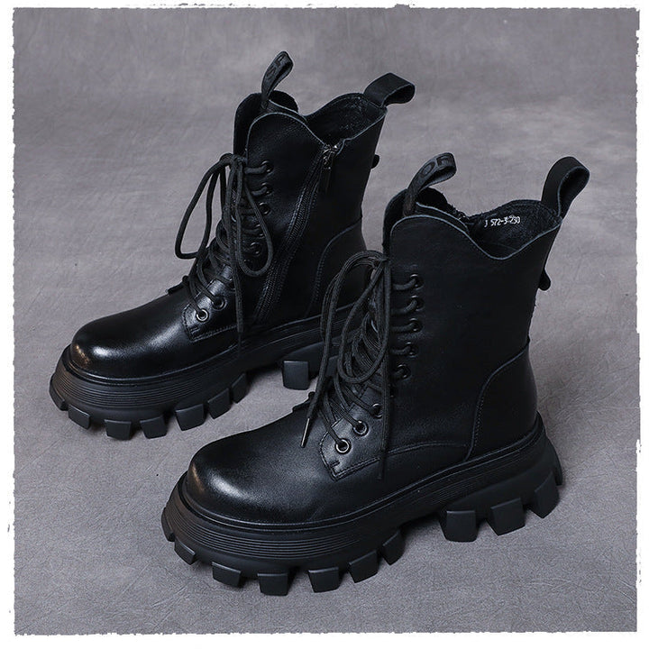 Women's Chunky Sole Combat Boots – Genuine Leather Lace-Up Ankle Boots