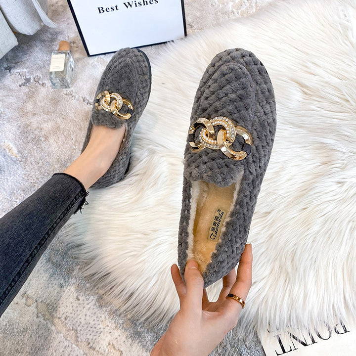 Women Metal Chain Winter Warm & Comfortable Plush Fur Loafers Shoes