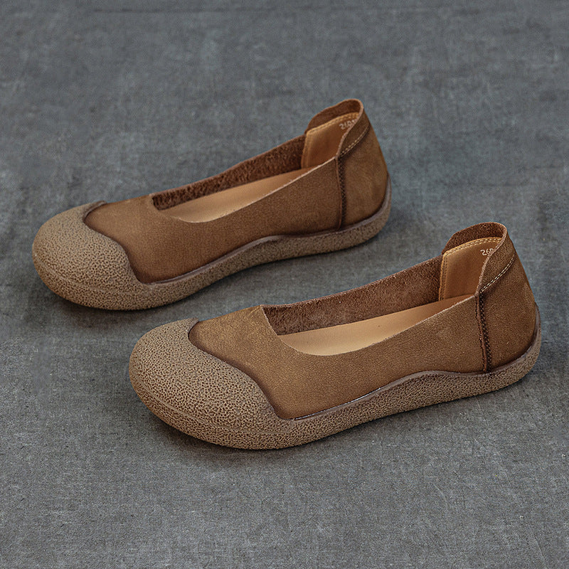 Women's Genuine Leather Ballet Flats Round Toe Slip On Unlined Walking Shoes