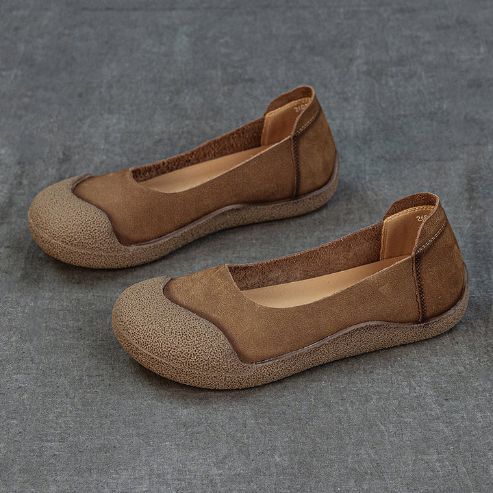 Women's Genuine Leather Ballet Flats Round Toe Slip On Unlined Walking Shoes