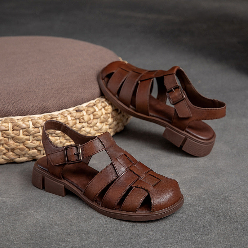 Women's Closed Toe Leather Flat Fisherman Shoes Sandals