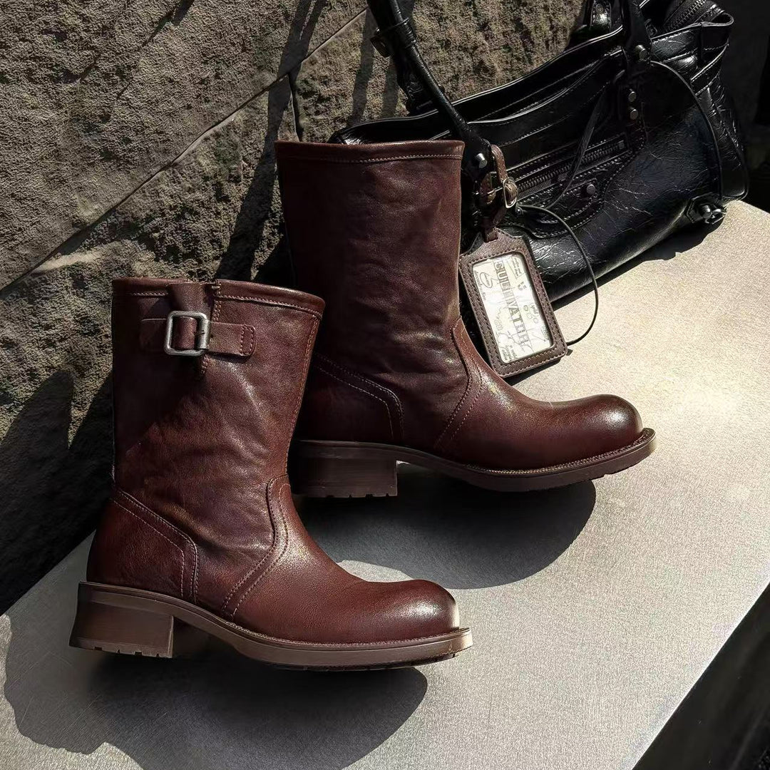 Women's Horsehide Mid Calf Engineer Boots Vintage Buckle Slip On Chunky Heel Booties